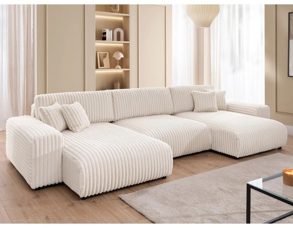 Krémová menčestrová rozkladacia/s úložným priestorom rohová pohovka (do tvaru "U") Sarina – Ropez