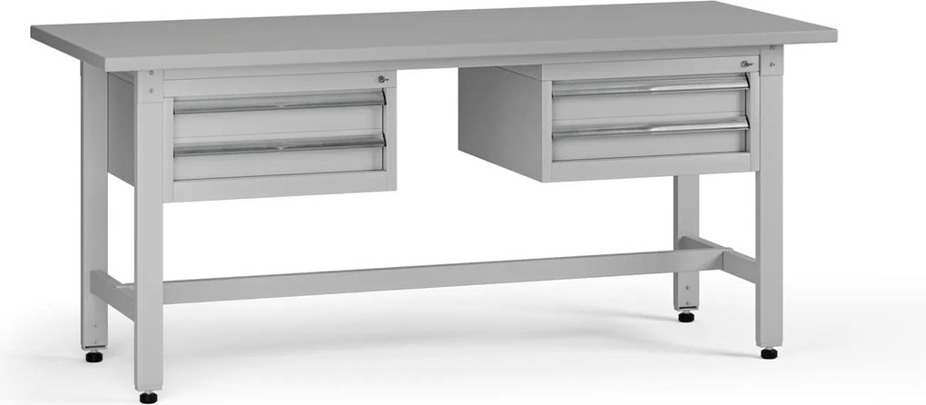 Výškovo nastaviteľný dielenský stôl G5, 1800 x 750 x 800-1000 mm, 2x kontajner, 4 zásuvky, sivá