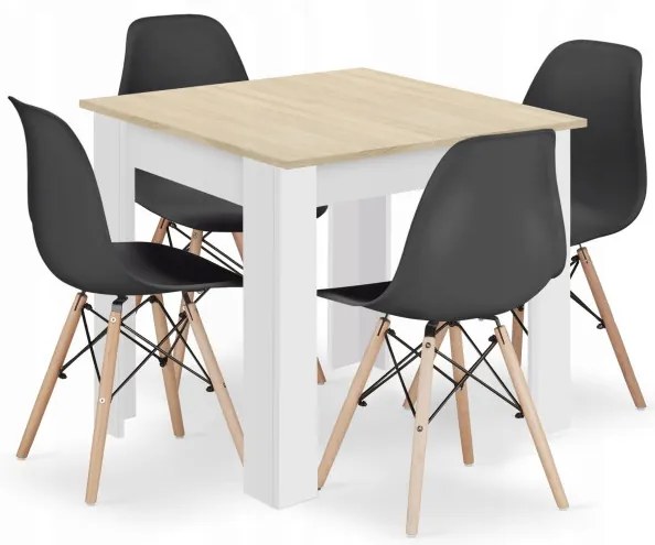 Jedálenský štvorcový stôl dub sonoma / biely so štyrmi stoličkami OSAKA čierne / hnedé