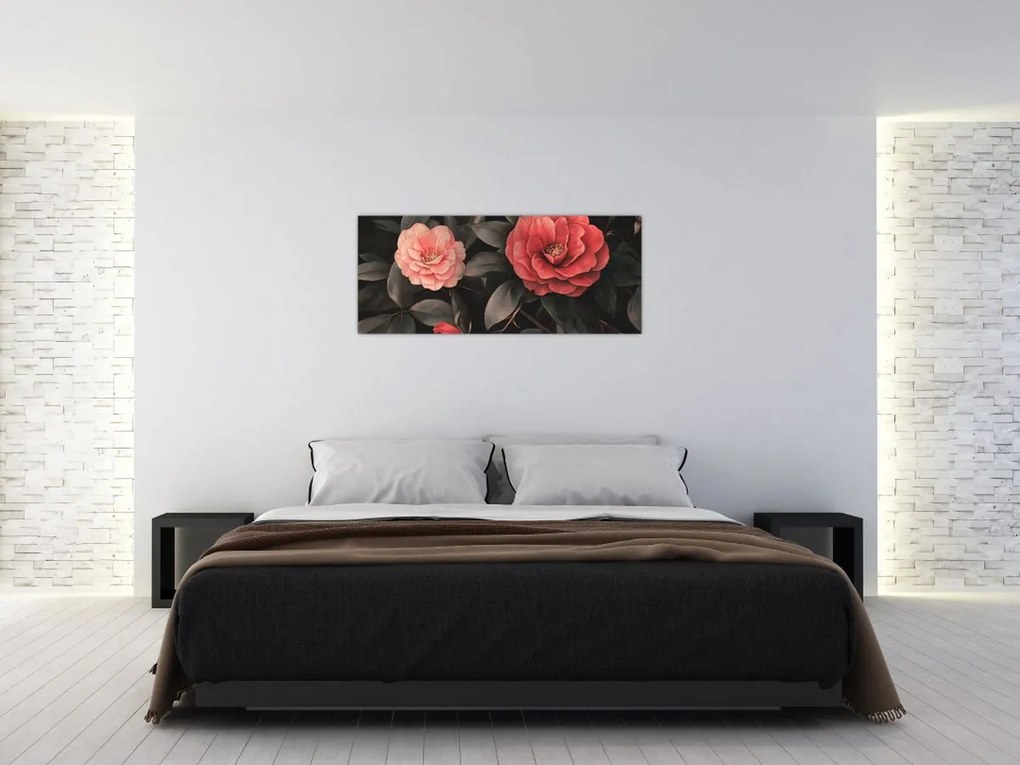Obraz - Červené kvety na tmavom pozadí (120x50 cm)