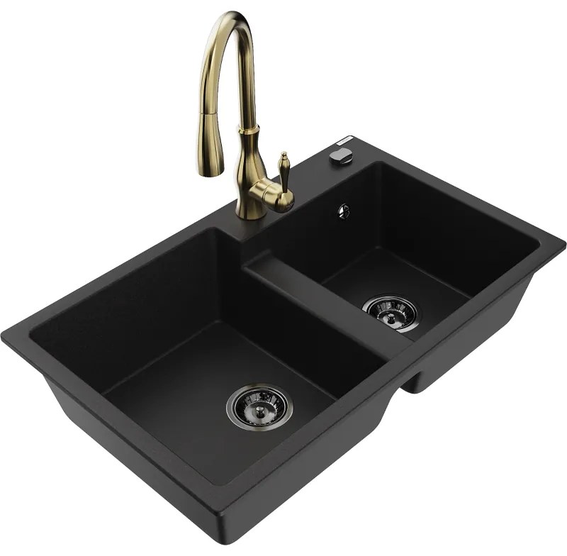 Mexen Tomas, granitový drez 800x500x190 mm, 2-komorový a drezová batéria Savita, čierna, 6516-77-672601-50-B