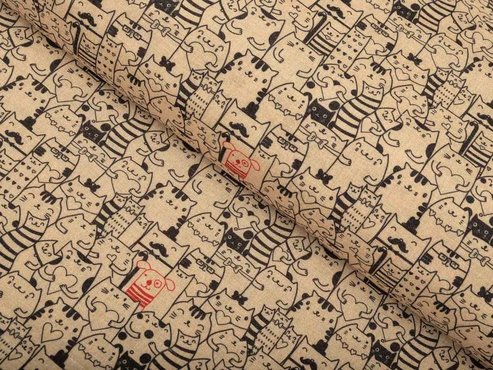 Biante Dekoračný obdĺžnikový obrus PML-093 Pes medzi mačkami na hnedobéžovom 140x220 cm