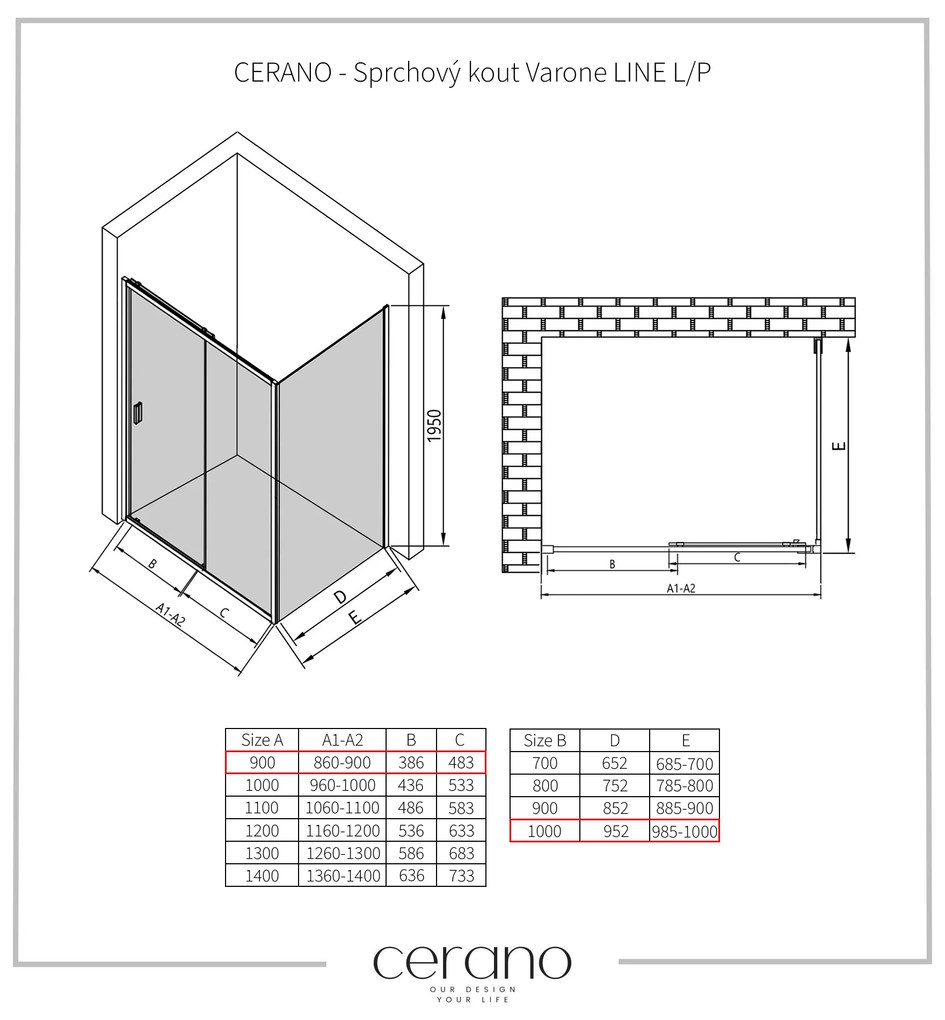 CERANO - Sprchovací kút Varone LINE L/P - čierna matná, grafitové sklo - 90x100 cm - posuvný, CER-CER-8050BD7231