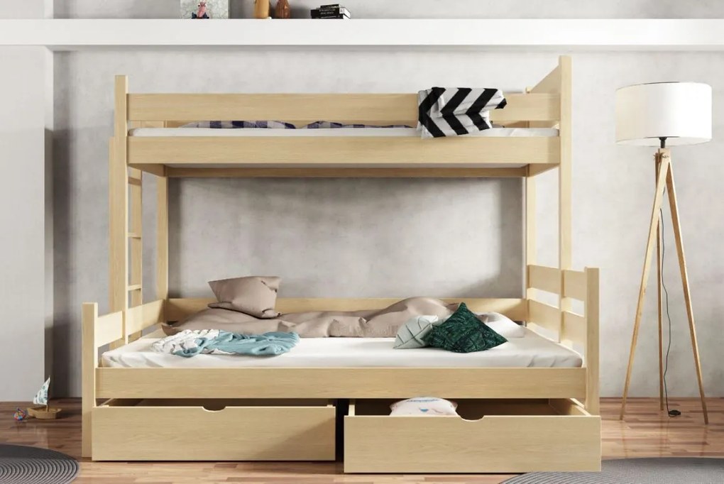 Detská poschodová posteľ z masívu borovice s rozšíreným spodným lôžkom BERTA so šuplíkmi - 200x90/140 cm - PRÍRODNÁ BOROVICA