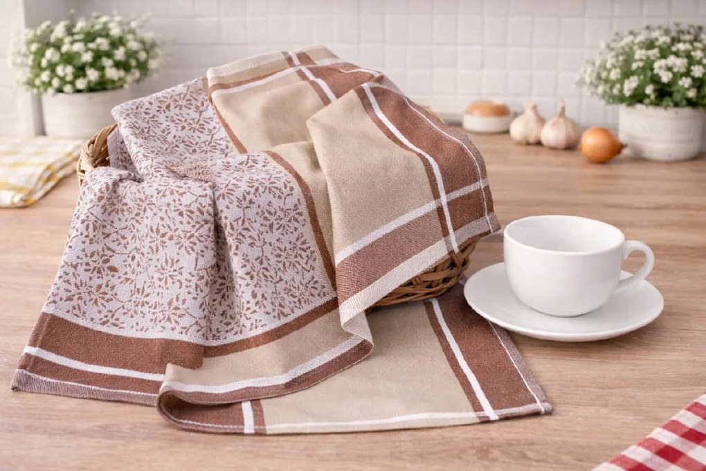 Luxusné kuchynské utierky béžové listy egyptská bavlna 50x70 cm set 3 ks
