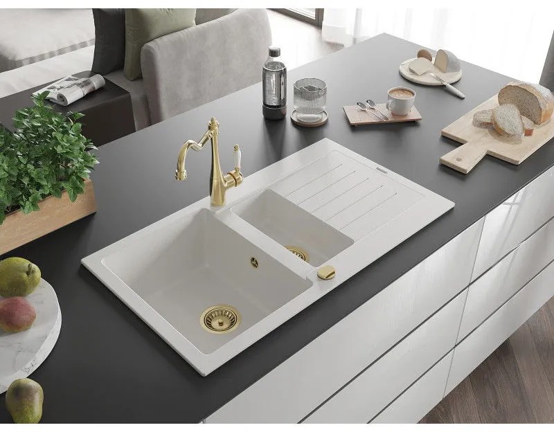 Mexen Matias, granitový drez 900x505x200 mm, 1,5-komorový a drezová batéria Carla, biela, 6502-20-670700-50