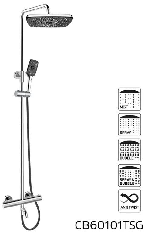 Mereo, Termostatická nástenná vaňová batéria s hadicou,ručnou a tanierovou hranatou sprchou slim 200x200mm, MER-CB60101TSD