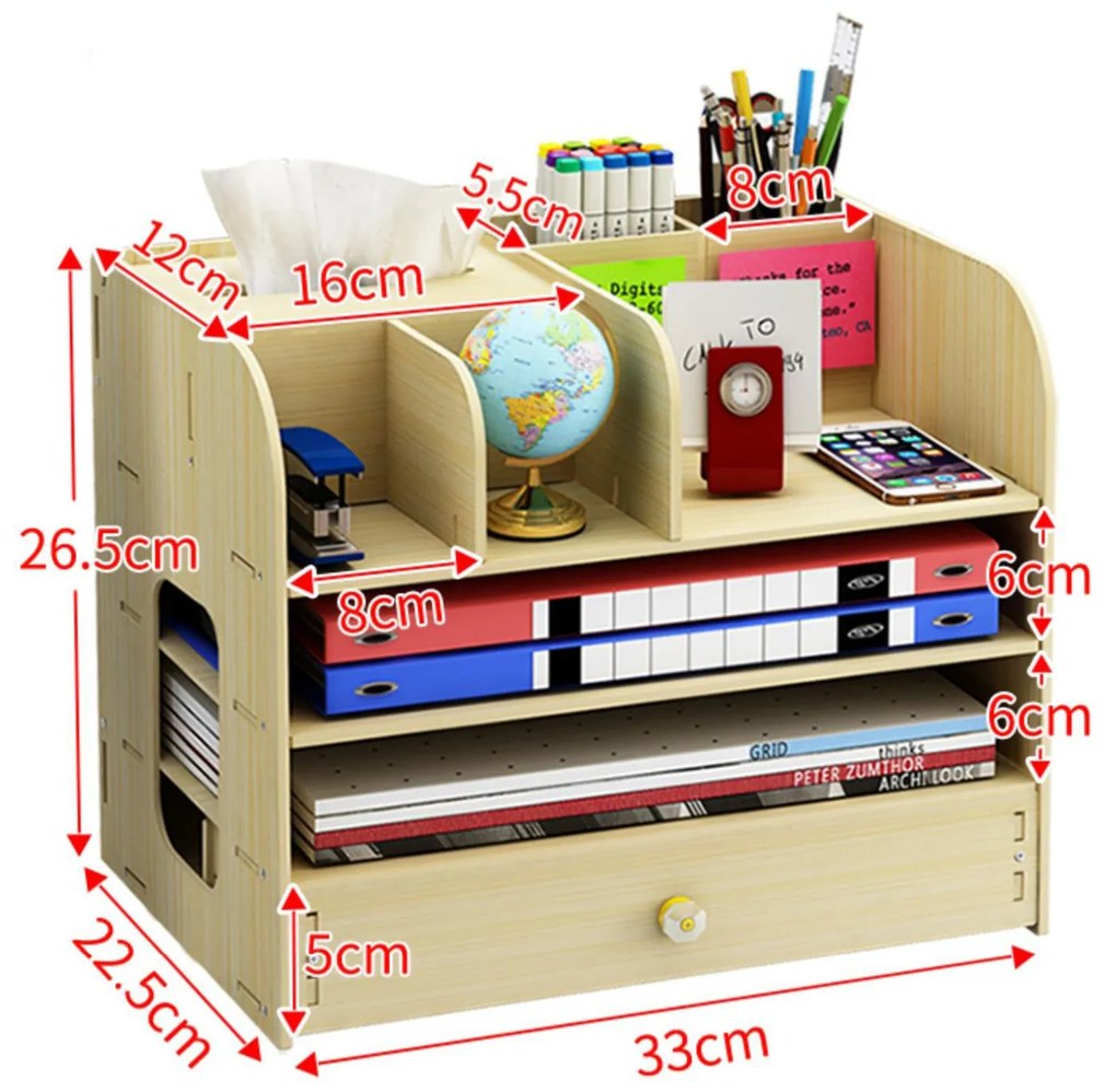 DIY zakladač na A4 dokumenty, písacie potreby a vreckovky so zásuvkou tmavé drevo B3S Tmavé drevo