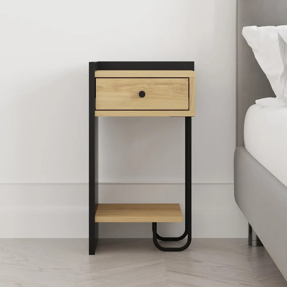 Čierny/v prírodnej farbe nočný stolík v dekore duba s poličkami Mercure – Marckeric