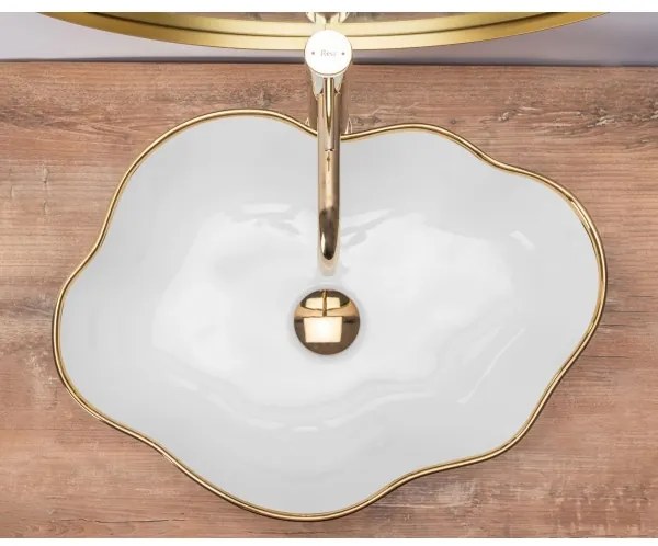 REA-U0696 - Umývadlo na dosku PEARL 38x50,5 cm keramika/lesklá biela/zlatá