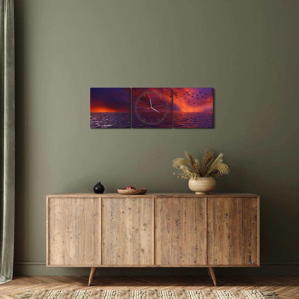 Obraz mora s vtákmi (s hodinami) (90x30 cm)