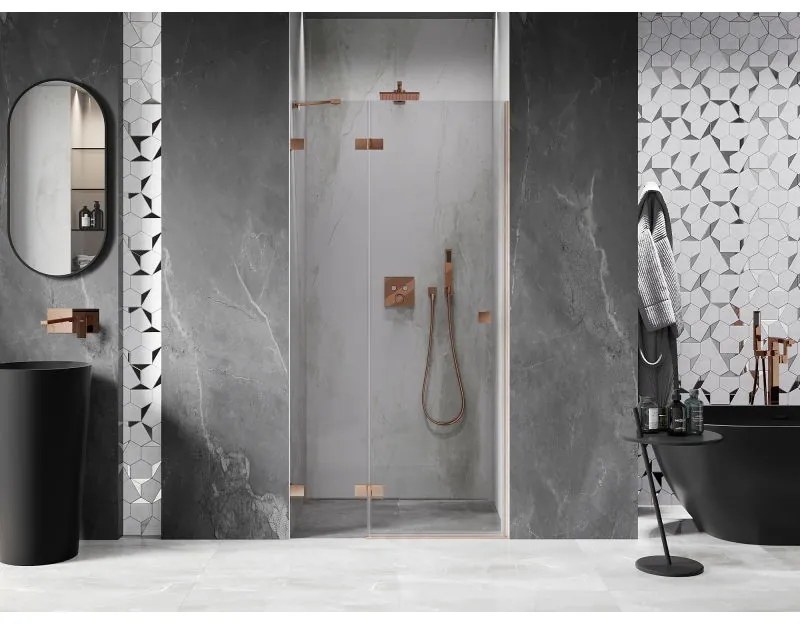 Mexen Lunar, výklopné sprchové dvere 90 cm, 8mm číre sklo, medený matný profil, 834-090-000-65-00-L