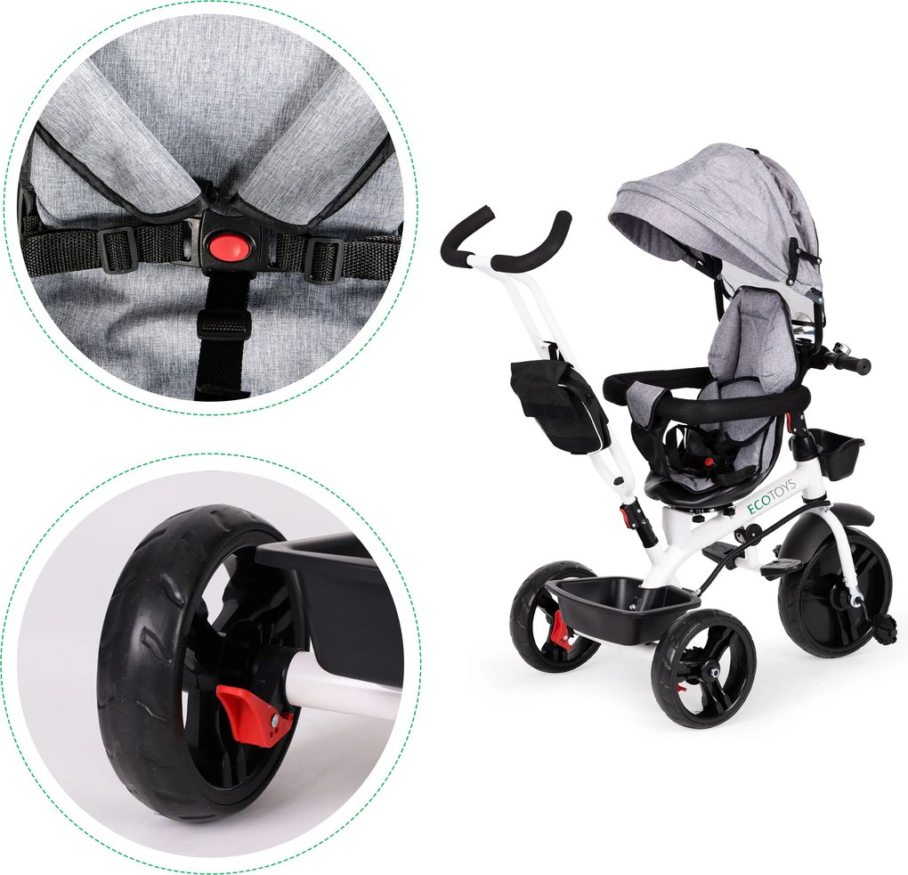 ECOTOYS otočná trojkolka 360° s strieškou, 5-bodovými pásmi, EVA kolesá, šedá