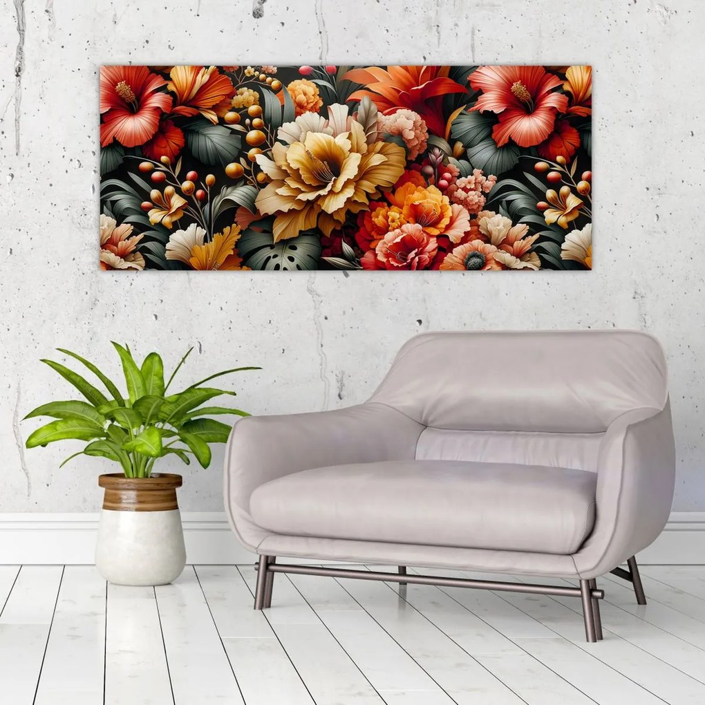 Obraz - Oranžovo-červené kvety (120x50 cm)