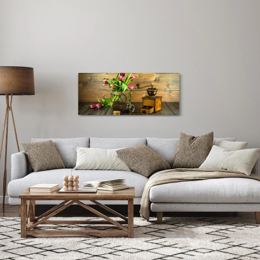 Obraz - tulipány, mlynček a káva (120x50 cm)