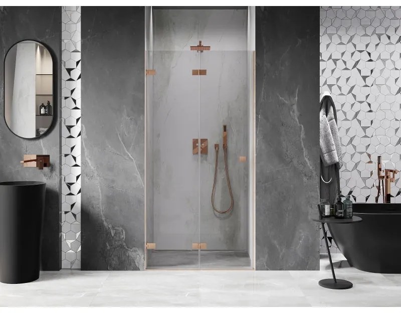 Mexen Lunar-F, skladacie ľavé sprchové dvere 80 cm, 8mm číre sklo, medený matný profil, 836-080-000-65-00-L