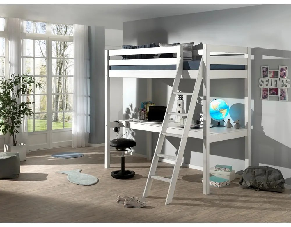 Biela vyvýšená detská posteľ z borovicového dreva 90x200 cm PINO – Vipack