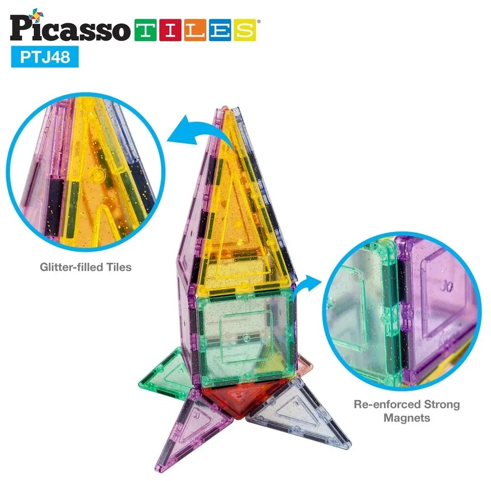 PicassoTiles stavebnica 48 dielikov Magnetické bloky, glitrované