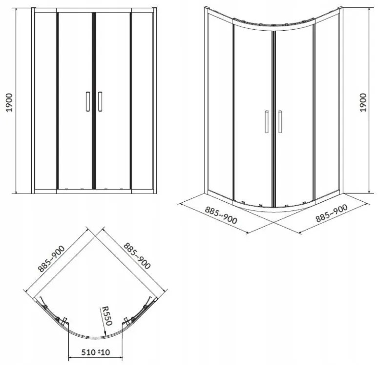 Cersanit Arteco, štvrťkruhový sprchový kút s posuvnými dverami 90 (dvere) x 90 (dvere) x 190cm, 5mm číre sklo, chrómový profil, S157-002