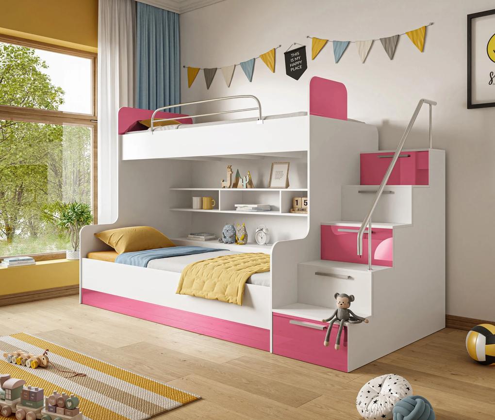 Detská poschodová posteľ DARMA + police + šuplíky biela / ružová