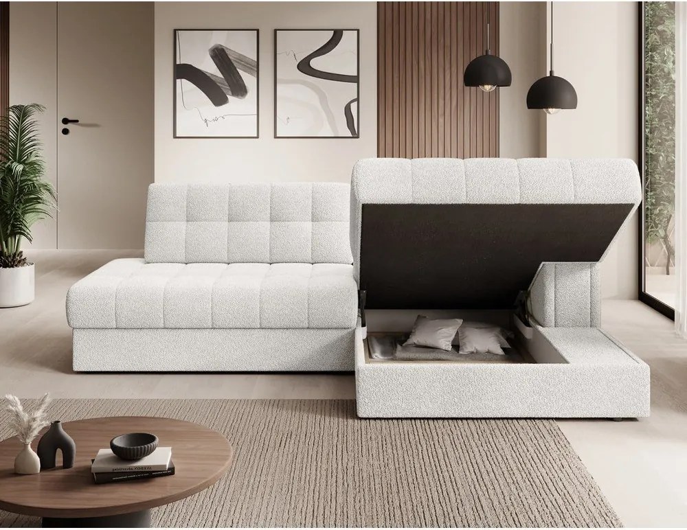 Krémovobiela rozkladacia rohová pohovka z textílie buklé (pravý roh/s leňoškou) Blezalt – ELTAP