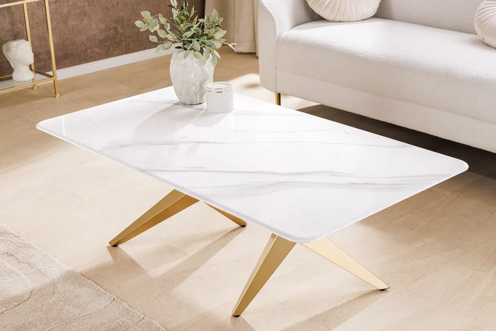 Konferenčný stolík ART LIVING 130 cm s keramickou doskou z bieleho mramoru a rámom v šampansko-zlatej farbe