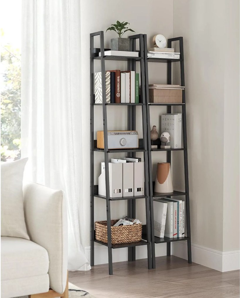 Rebríková polica, 5-úrovňový úzky regál, čierny