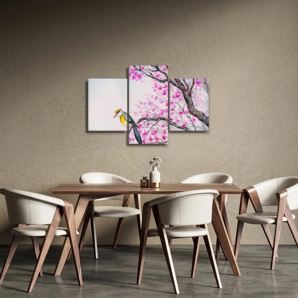 Obraz - Vtáčik na strome s ružovými kvetmi (90x60 cm)