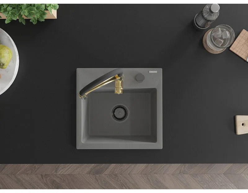 Mexen Milo, 1-komorový granitový drez 435x410x171 mm a drezová batéria Aster, šedá, 6505-71-73450-57-B