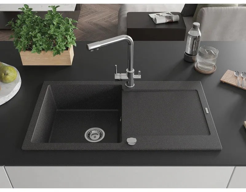 Mexen Leo, drez granitový 900x500x190 mm, 1-komorový a chrómová batéria Duero, čierna škvrnitá, 6501-76-671600-00