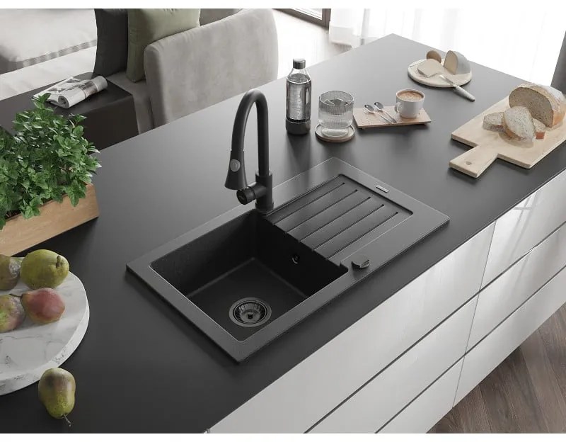 Mexen Pablo, 1-komorový granitový drez 752x436x161 mm a drezová batéria Elia, čierna-strieborná metalíza, 6510-73-670101-70-B
