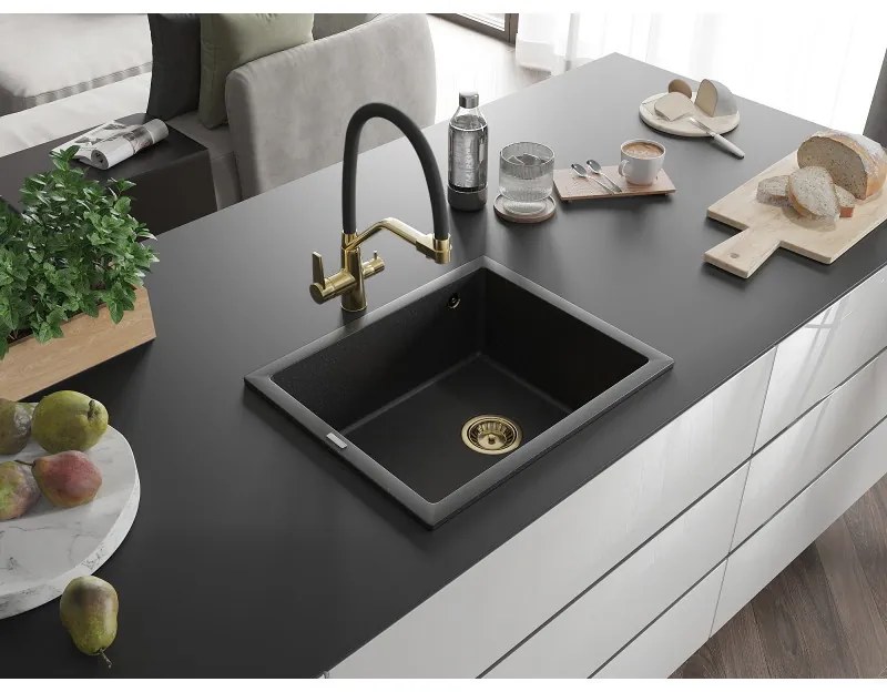 Mexen Pedro, granitový drez 560x460x200 mm, 1-komorový, čierna-strieborná metalíza so zlatým sifónom, 6508561000-73-G