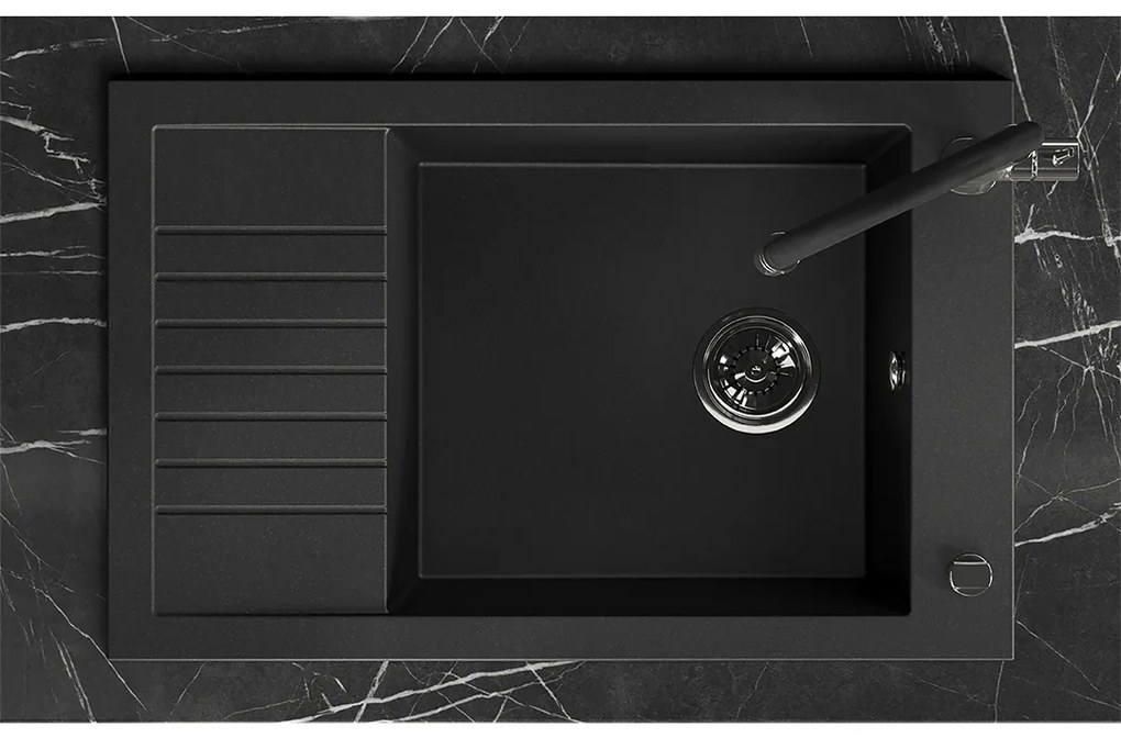 Laveo Pionier, 1-komorový granitový drez 780x500x207 s krátkym odkvapávačom, čierna škvrnitá, LAV-SBR_713T