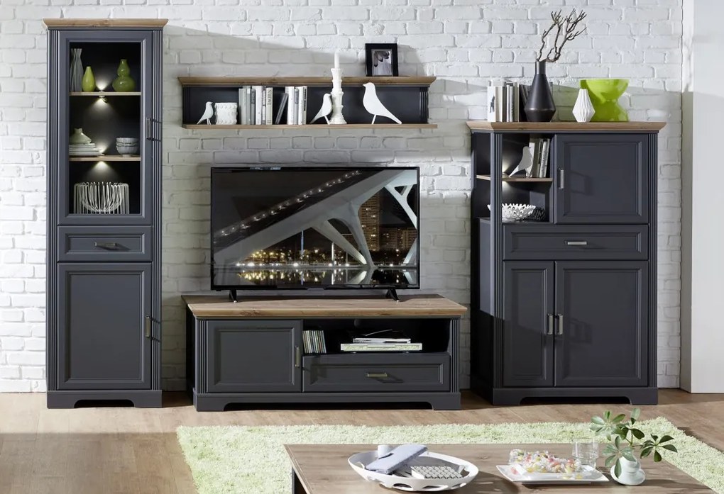 Vysoká vitrína Jasmin, grafit/dub, s osvetlením