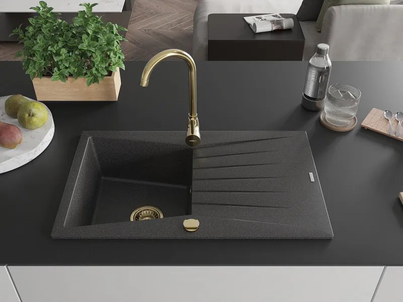 Mexen Cesar, granitový drez 775x470x190 mm, 1-komorový, čierna škvrnitá so zlatým sifónom, 6514771010-76-G