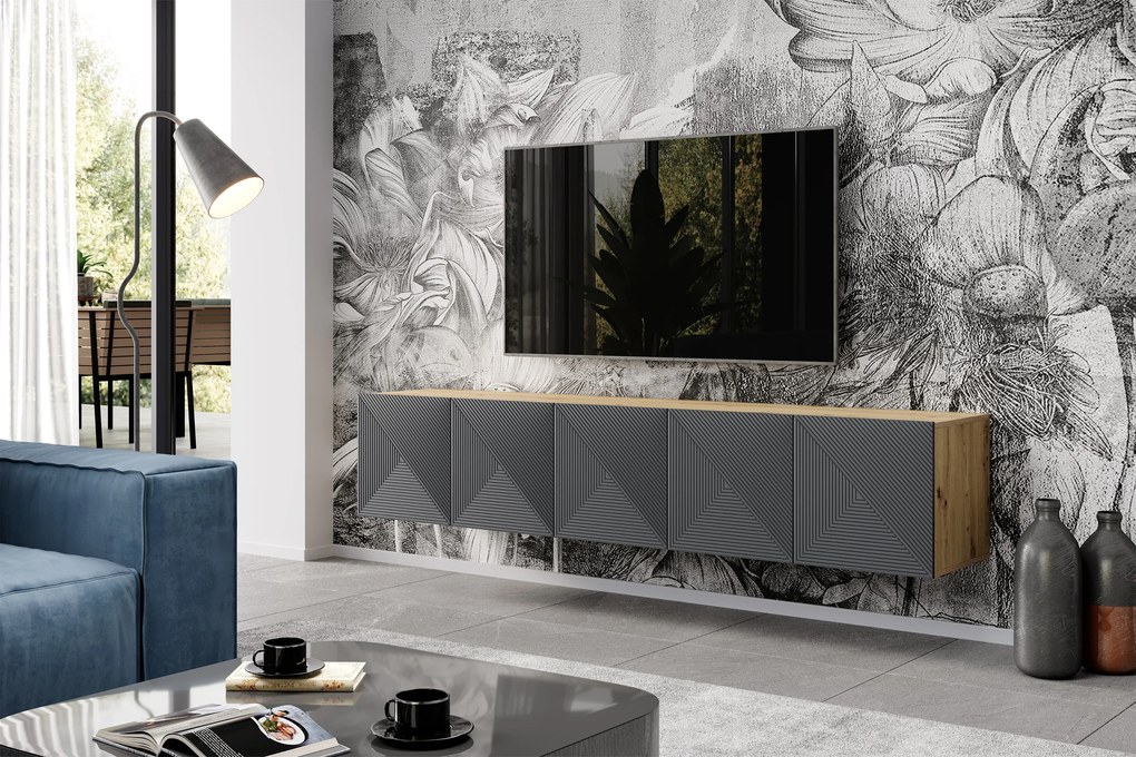 Závesná RTV skrinka Asha 200 cm s ryhovaným frontom - dub artisan / rivier stone mat