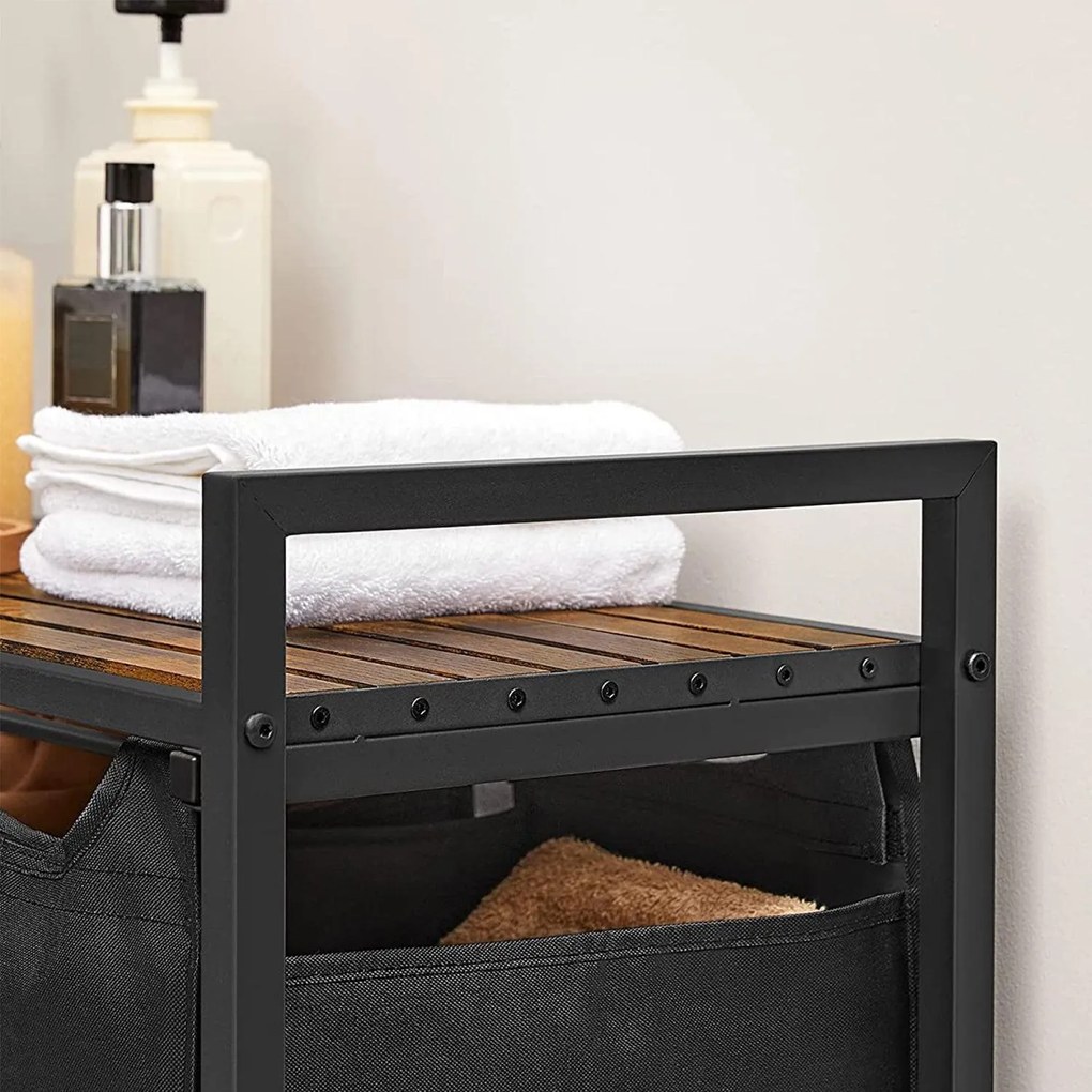 Kôš na bielizeň, s 3 vyťahovacími a odnímateľnými vakmi, 3 x 38 L, čierny