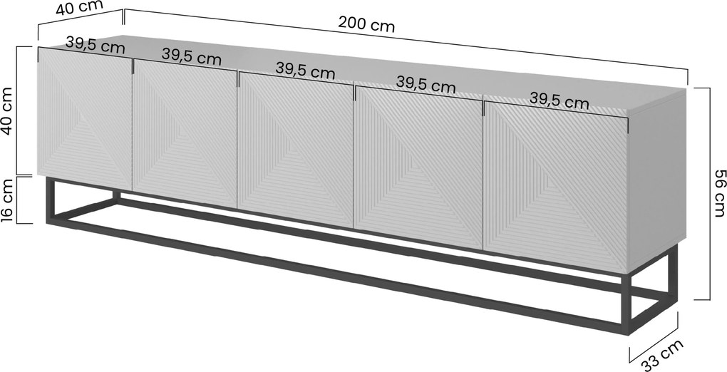 TV skrinka Asha 200 cm s ryhovanými dvierkami a kovovou podnožou - čierny mat