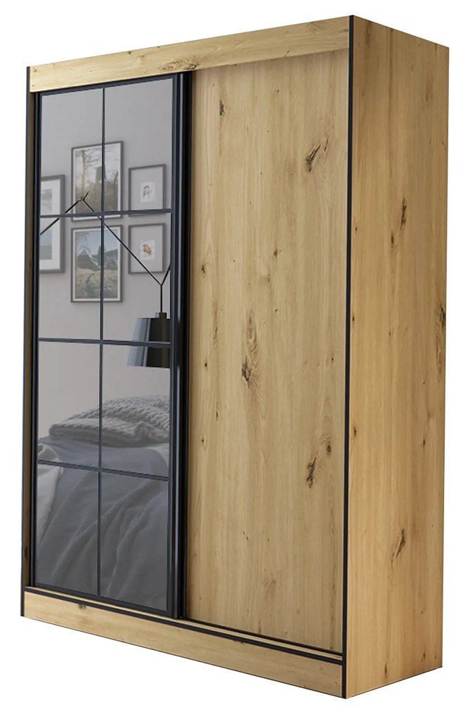 Šatníková skriňa 150 cm Oklahoma 2 (dub artisan + čierna). Akcia -19%. Vlastná spoľahlivá doprava až k Vám domov. 1043174