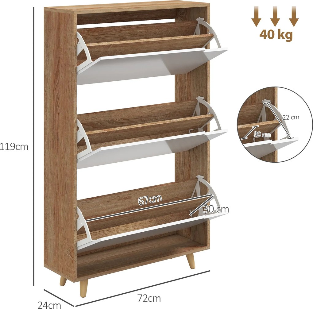 HOMCOM 3-dverový botník s poličkou, 72Š x 24H x 119V cm, prírodná a biela | Aosom