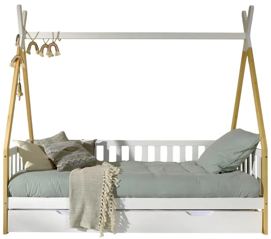 Biela domčeková detská posteľ z borovicového dreva s úložným priestorom 90x200 cm TIPI – Vipack