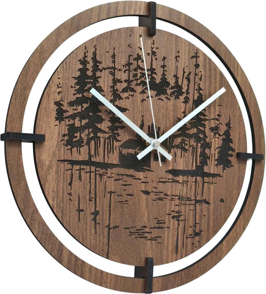 Drevené nástenné hodiny – originálny motív ihličnatého lesa| RENT: HDF - Javor 30 cm 4803-115421 HDF0701-ruky-silver