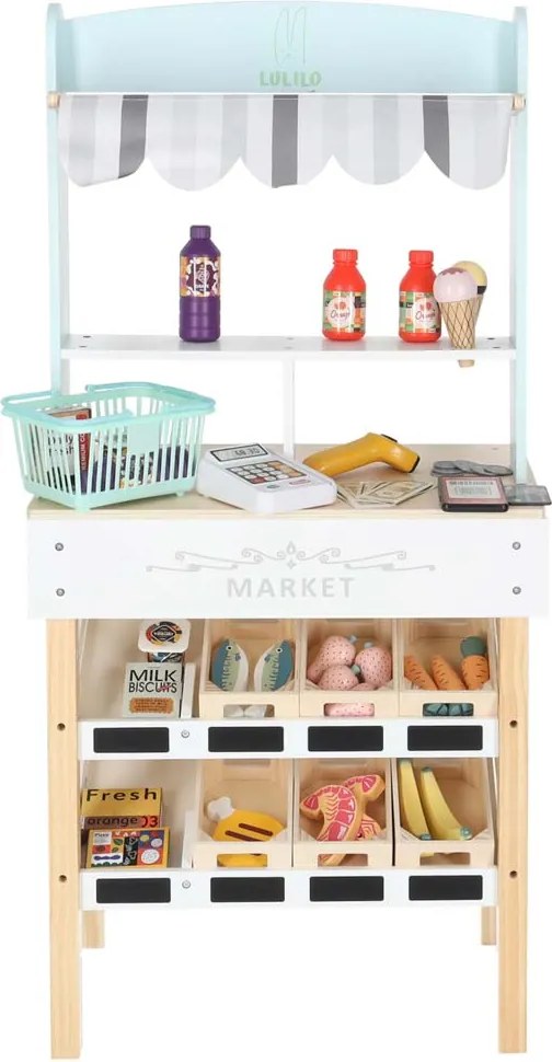 KIK Drevený stánok supermarket s pokladňou, košíkom a potravinami pre deti LULILO