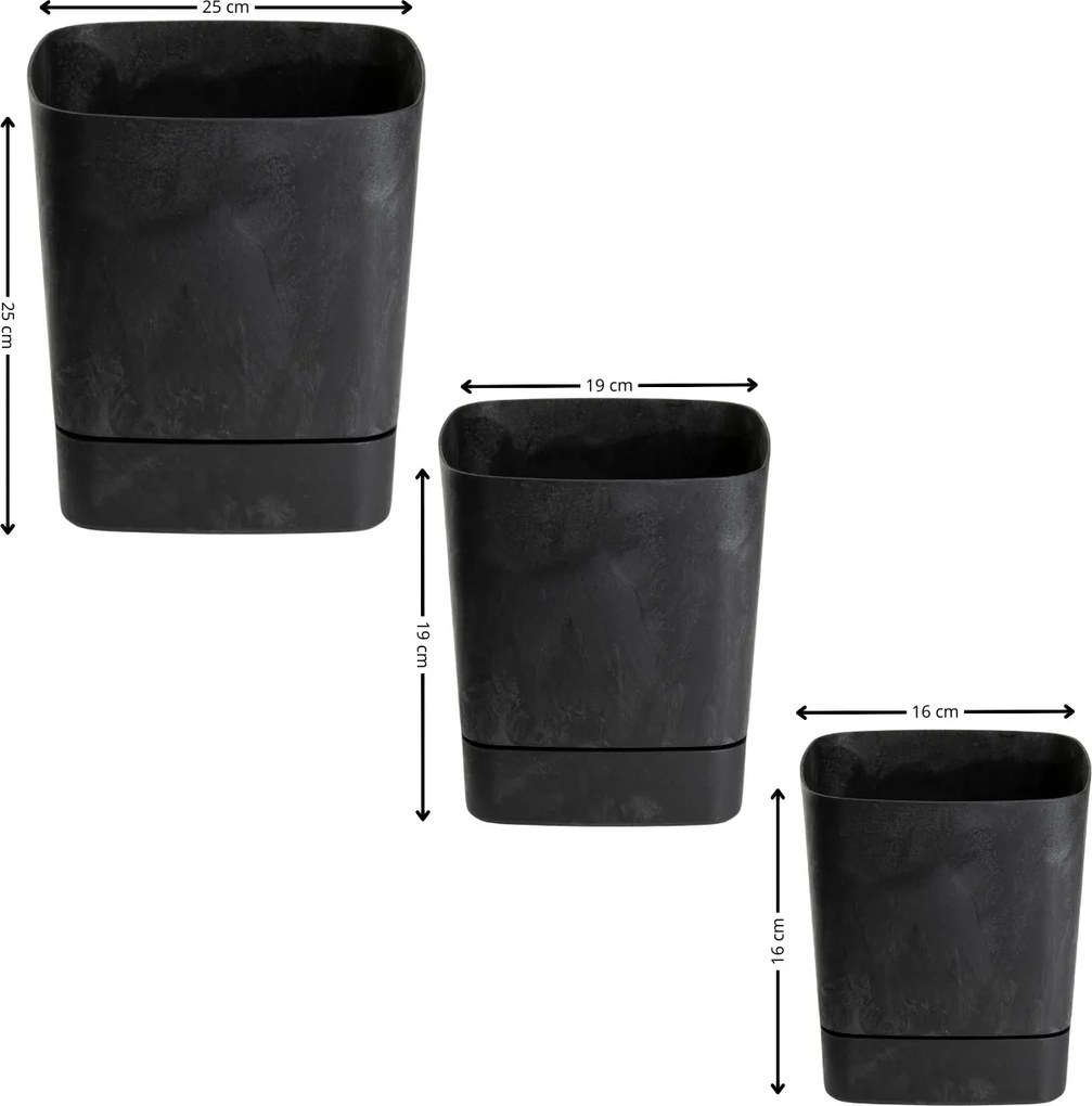 Sada 3 ks květináčů Cubi 16x16/19x19/25x25 cm černý beton