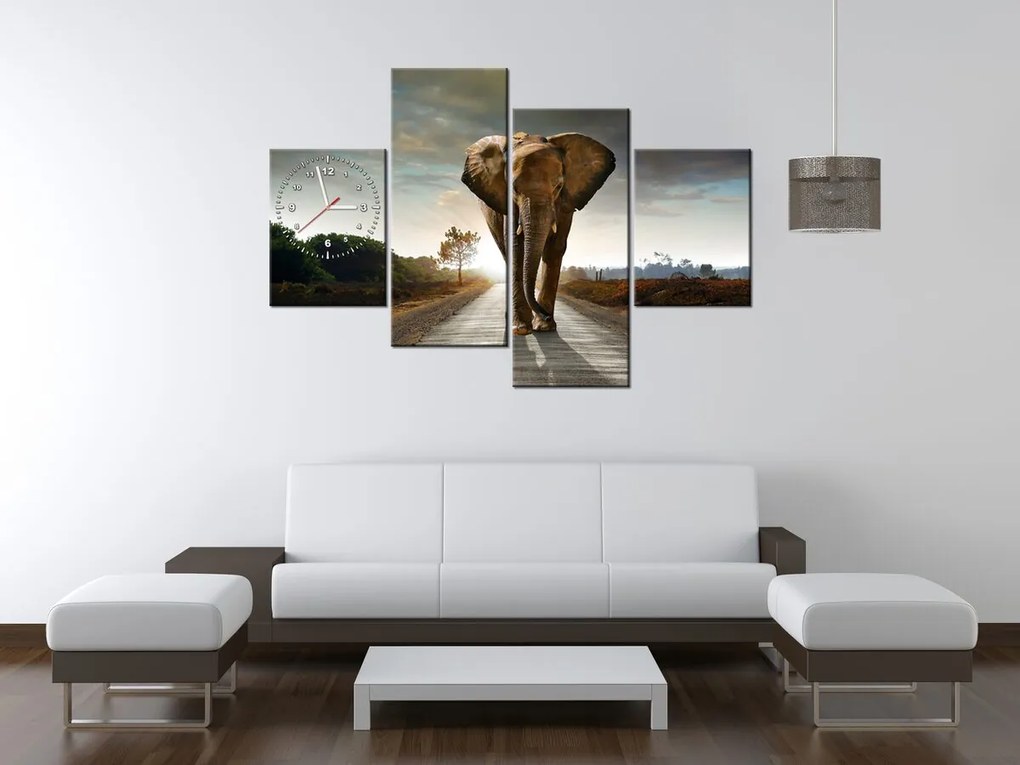 Gario Obraz s hodinami Osamelý silný slon - 4 dielny Rozmery: 120 x 80 cm
