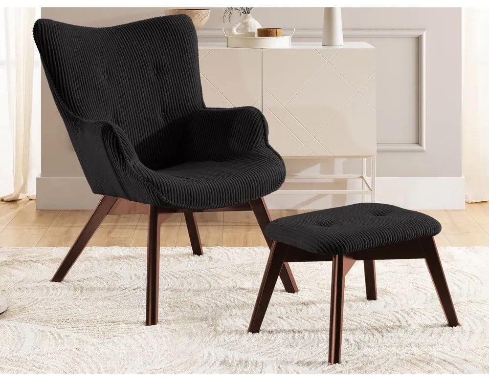 Čierne menčestrové kreslo s podnožkou Niko – Ropez