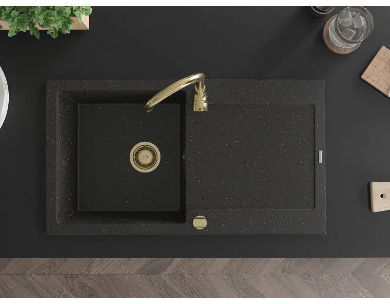 Mexen Leo, drez granitový 900x500x190 mm, 1-komorový, čierna-zlatá metalíza so zlatým sifónom, 6501901010-75-G