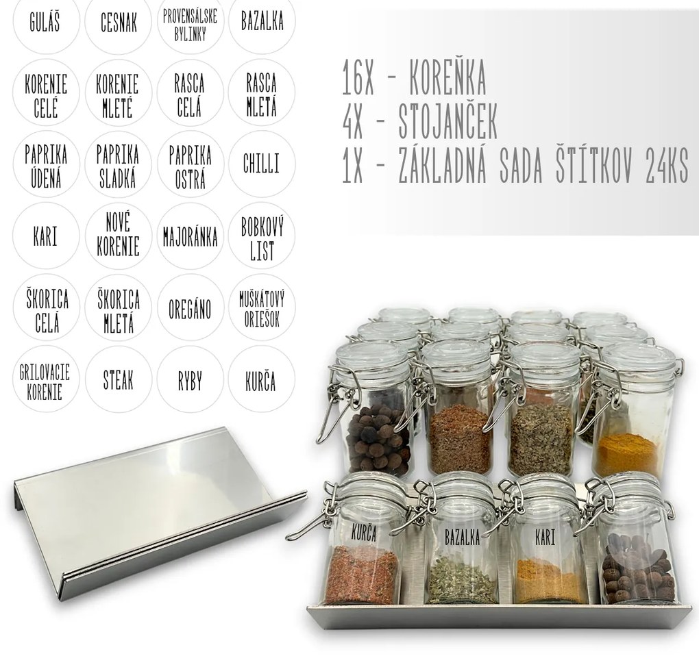 Orion Súprava 16ks koreničiek HERMES 100ml + 4ks organizér na koreničky VASKY - NEREZ + súprava 24ks štítkov