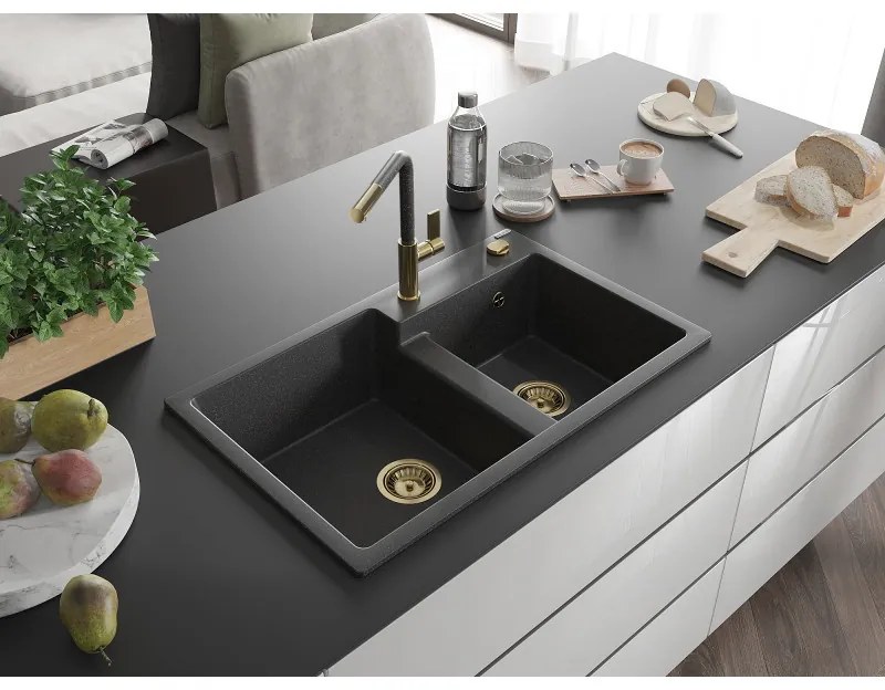 Mexen Tomas, 2-komorový granitový drez 800x500x190 mm a drezová batéria Flora, čierna škvrnitá, 6516-76-670401-75-G