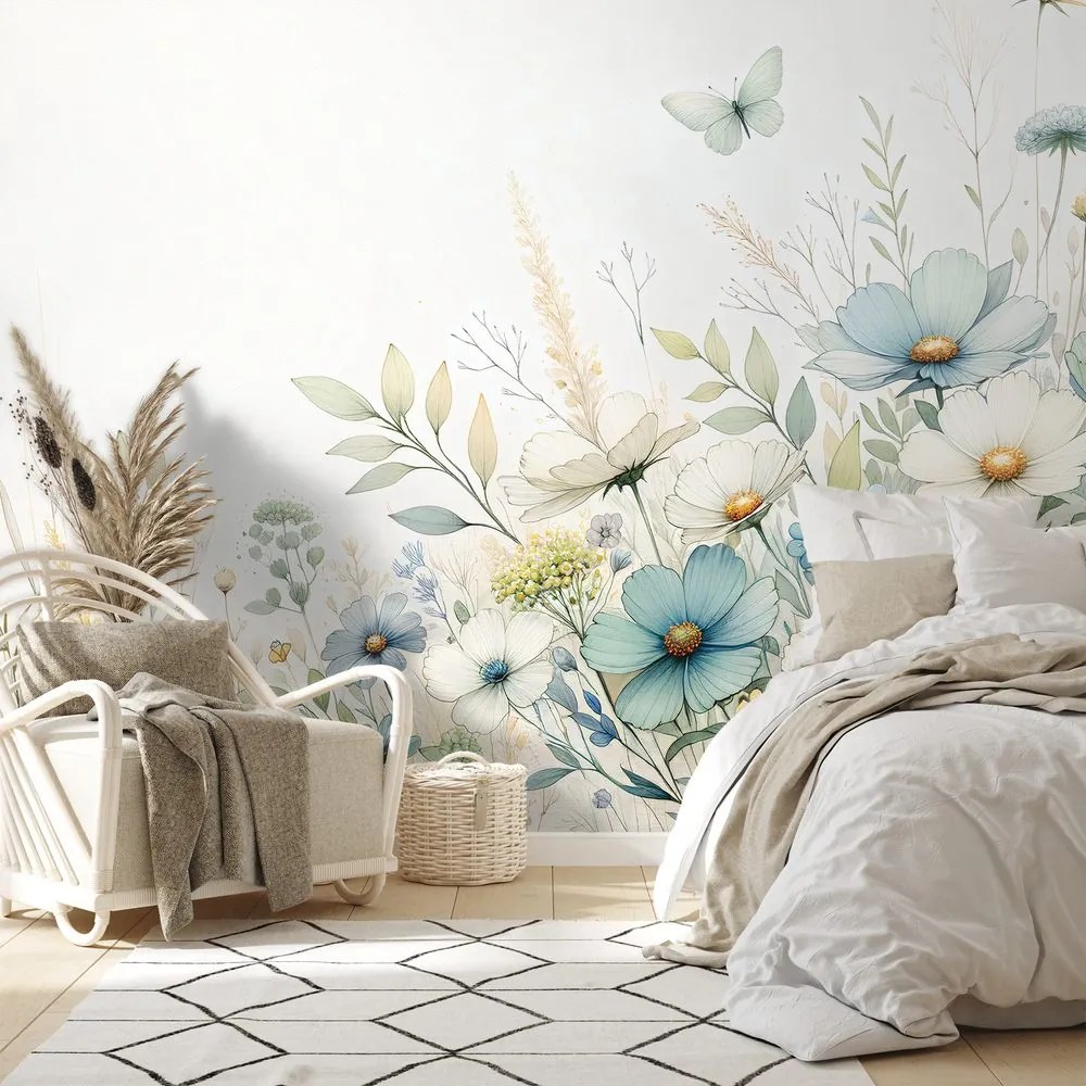 Samolepiaca tapeta pastelové lúčne kvety a lietajúce motýle